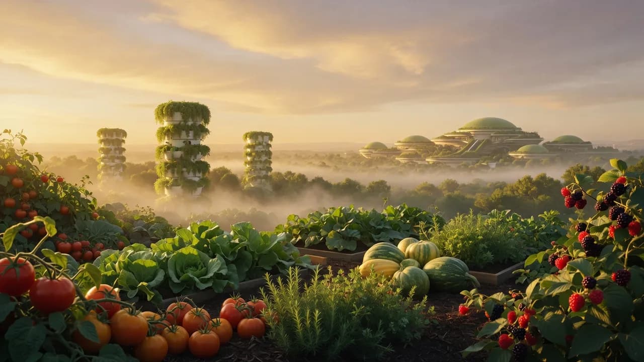 Jardin abondant au lever du soleil, tours végétales et cité verte à l'horizon